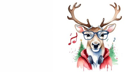 Watercolor painting of Christmas reindeer in glasses, white background. Banner