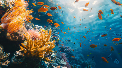 Fototapeta na wymiar Underwater Blue Water Tropical Reef world Coral underwater sea fish. Colourful tropical coral reef. Scene reef. Marine life sea world. Underwater fish reef marine. Generative Ai