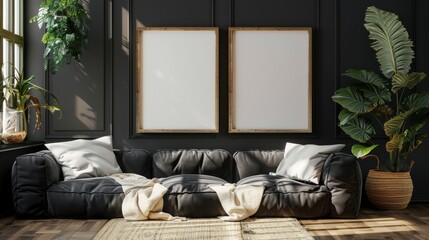 A black couch with two white pillows and a white blanket on it. The couch is in a room with two empty picture frames on the wall - obrazy, fototapety, plakaty