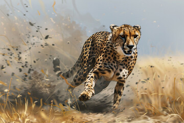 Agile cheetah sprinting through an African savannah.