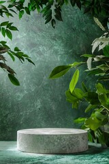 Natural stone and concrete podium on natural green background for empty show for presentation of packaging products. generative ai