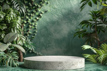 Natural stone and concrete podium on natural green background for empty show for presentation of packaging products. generative ai