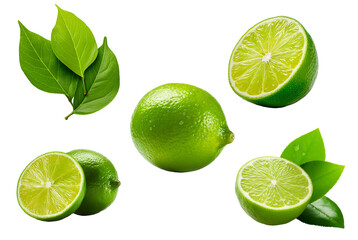 Set of whole and half slice of green lime fruit isolated on white background.
