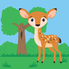 Vector drawing of a fawn in a forest clearing.