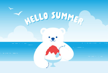 vector background with polar bear eating Japanese shaved ice dessert on the beach for banners, cards, flyers, social media wallpapers, etc.