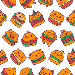 Cute kawaii animal burger. Seamless pattern. Funny food. Cartoon cheeseburger. Hand drawn style. Vector drawing. Design ornaments.