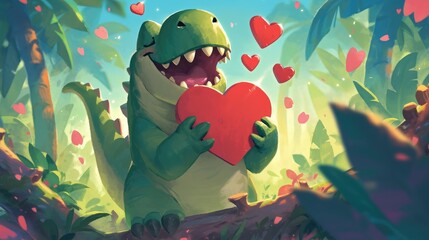 Celebrate Valentine s Day with a delightful 2d illustration capturing a love struck dinosaur - obrazy, fototapety, plakaty