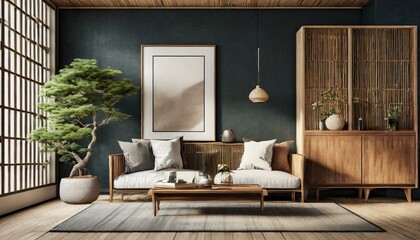 Fototapeta premium Harmony in Contrast: Japanese Modern Living Room with Mid-Century Sofa and Dark Wall Accents