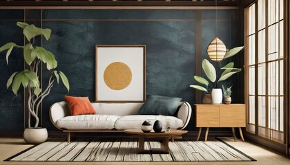 Harmony in Contrast: Japanese Modern Living Room with Mid-Century Sofa and Dark Wall Accents"