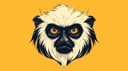 Capture the essence of a cotton top tamarin monkey with a retro style illustration of its front facing head as a mascot icon depicted in black and white and isolated on a background
