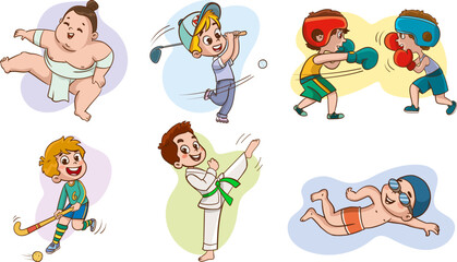 Set of Kids Playing Different Sports Vector Illustration