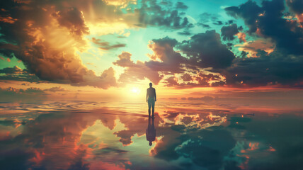 Silhouette of alone person looking at heaven. Lonely man standing in fantasy landscape made with AI - obrazy, fototapety, plakaty