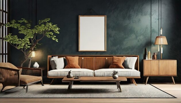 Harmony in Contrast: Japanese Modern Living Room with Mid-Century Sofa and Dark Wall Accents"
