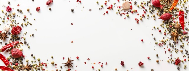 Assortment of spices on white background. Spicy cooking concept.