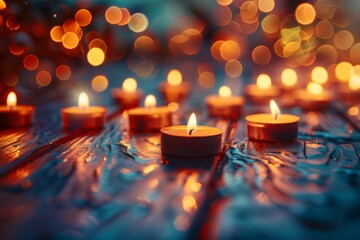 A background of small, lit candles arranged in rows on a wooden table with blurred lights and a bokeh effect. 