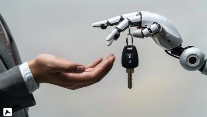 A robot hands out car keys to a human hand, symbolizing the growing role of AI in automotive marketing and sales in the style of levitating or floating above it. 