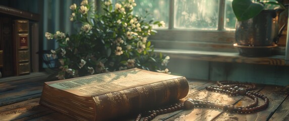 A closeup of the rosary and bible on an old wooden table, with soft sunlight streaming through the window creating gentle shadows. 