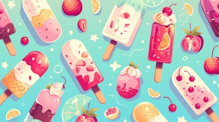 A playful and vibrant 2d pattern featuring pink raspberry strawberry and cherry ice cream on a wooden stick all depicted in a charming dots cartoon outline style