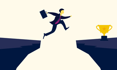 Businessman who jumps over a cliff to reach a trophy. Symbolizes achievement, goals, struggle, effort and hard work.
