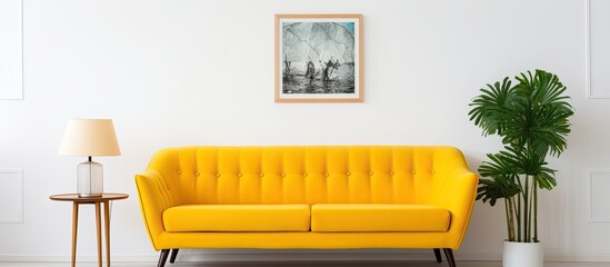 Yellow sofa in white room with green plant