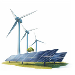Renewable energy production through wind turbines and solar panels. 2D illustration over white background.