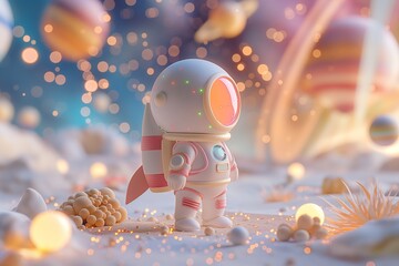 Astronaut Figurine in a Surreal Space Setting - obrazy, fototapety, plakaty