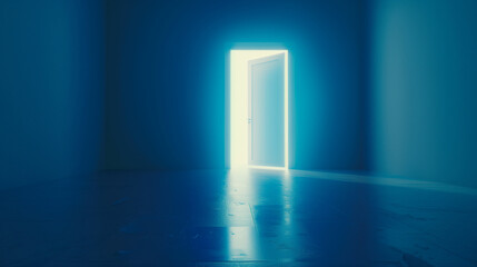 Glowing exit from blue room, open door.