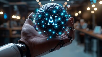 Robot Hands Crafting AI Brain Concept - obrazy, fototapety, plakaty