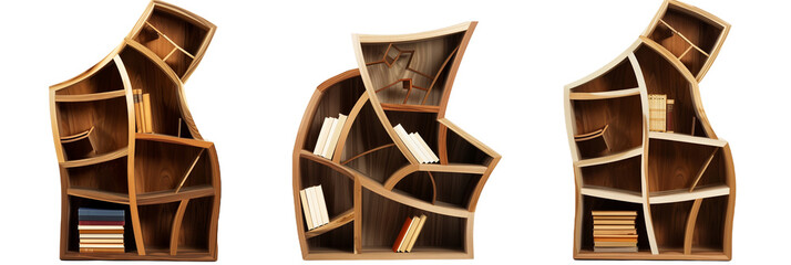 set of different wooden bookshelves, each an example of modern art and design, isolated on...