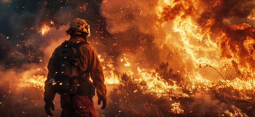 Fototapeta premium Firefighters battle a wildfire, Climate change and global warming affect to global up wildfire trends.