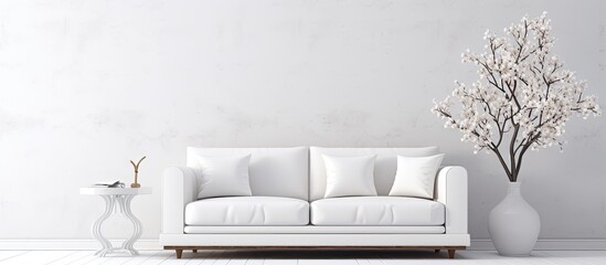 White sofa with pillows and vase against white wall