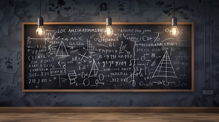 Illuminated Chalkboard with Complex Mathematical Formulas in a Classroom. Conceptual Image of Education, Science, and Intellectual Pursuits. Textured Wall Background. AI - obrazy, fototapety, plakaty