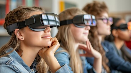  Futuristic classroom with students using interactive holographic displays