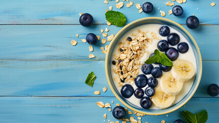 Dark blue bowl of oatmeal porridge with banana and blueberry on vintage table top view in flat lay style. Hot breakfast and homemade food. Free space. Homemade cuisine. Generative Ai - obrazy, fototapety, plakaty