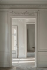 A large white door with a white frame and a white trim. The door is open and the room is empty