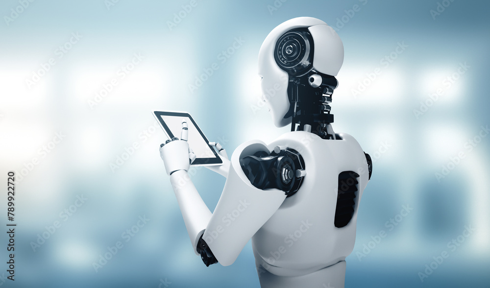 Poster mlb 3d illustration robot humanoid using tablet computer in future office while using ai thinking br