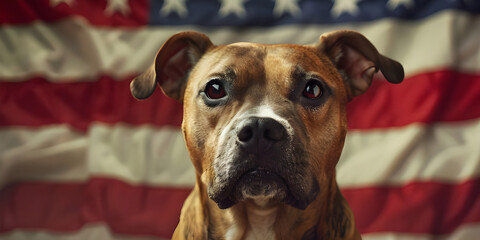 Patriot dog wearing a US flag background - Ai Generated