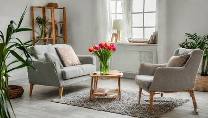 Radiant Tranquility: Light-Filled Living Room with Sofa, Armchair, and Tulips"