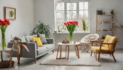 Radiant Tranquility: Light-Filled Living Room with Sofa, Armchair, and Tulips"