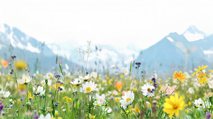 Arnica plant montana field swiss flowers wallpaper Wide shot of yellow Arrowroot Balsam flowers waving in the wind on lush green prairie with mountains in the background and a beautiful, Generative Ai - obrazy, fototapety, plakaty