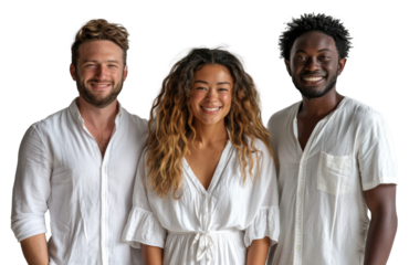 Three friends in white outfits sharing a joyful moment isolated on transparent background