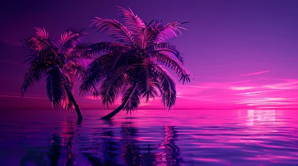 Poster night landscape with neon blue light. Dark neon palm background. © ksu_ok