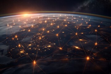 Global Network Connectivity Over Earth at Sunrise - obrazy, fototapety, plakaty