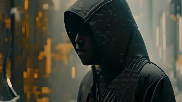 Anonymous cybercriminal wearing black hood with digital pixel background, Hidden cybercrime hacker data security threat actor