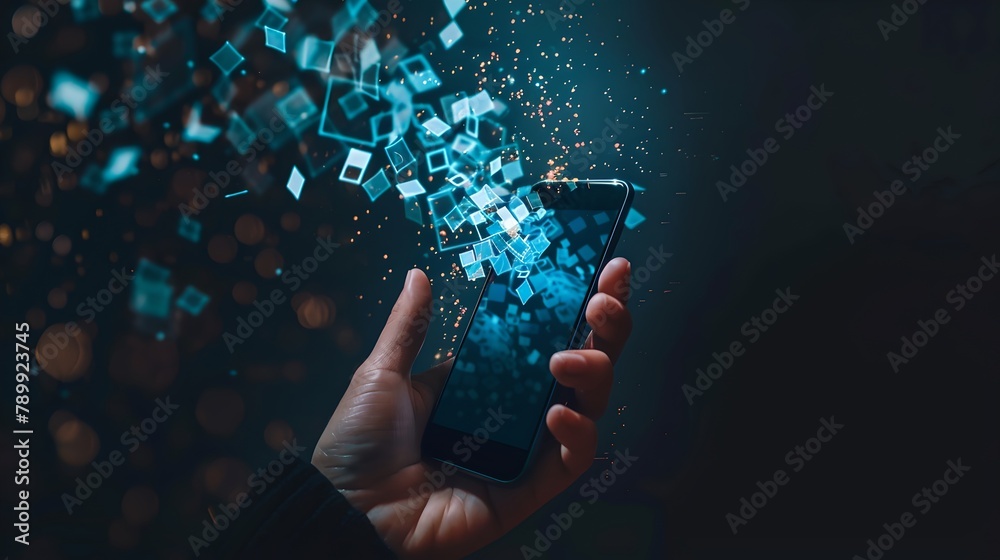 Poster hand holding a smartphone with a dynamic explosion of pixels and light. capturing the digital transf