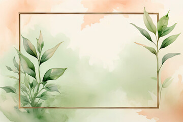 Watercolor frame made of green leaves, natural background, space for text