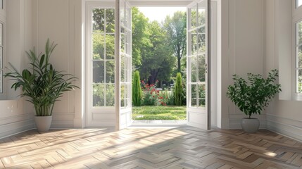 Fototapeta premium A large open door leads to a spacious room with a view of a garden. The room is filled with potted plants, including a tall one in the corner and a smaller one near the door. The room has a clean