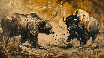 Majestic Bear and Bison Painting