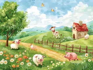 Naadloos Fotobehang Airtex Cartoon farm scene wallpaper featuring cute animals all depicted in a playful and adorable style © Thanadol
