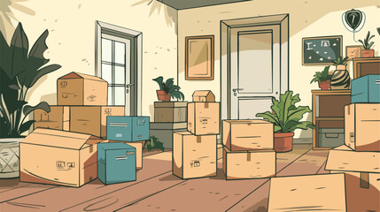 Moving boxes in new house. Vector flat style illustration